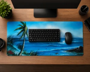 Bob Ross Storm on the Horizon desk mat 900x400mm with keyboard and mouse